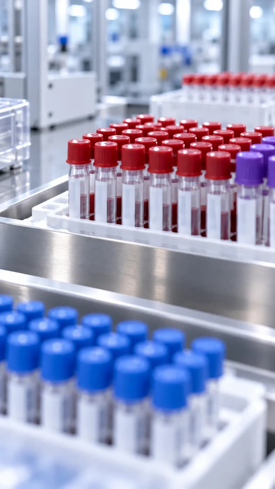 Racks of capped sample tubes on a stainless bench in a clean laboratory