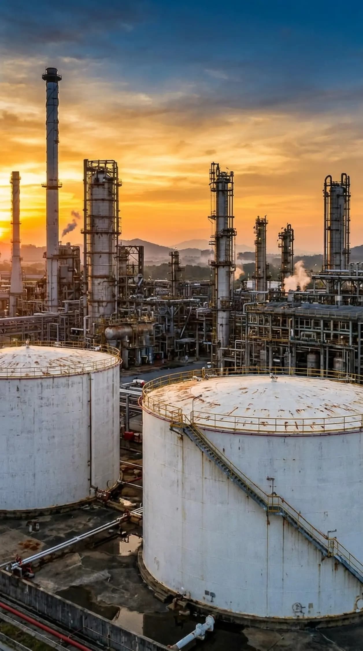 Petrochemical tank farm and process towers at sunset