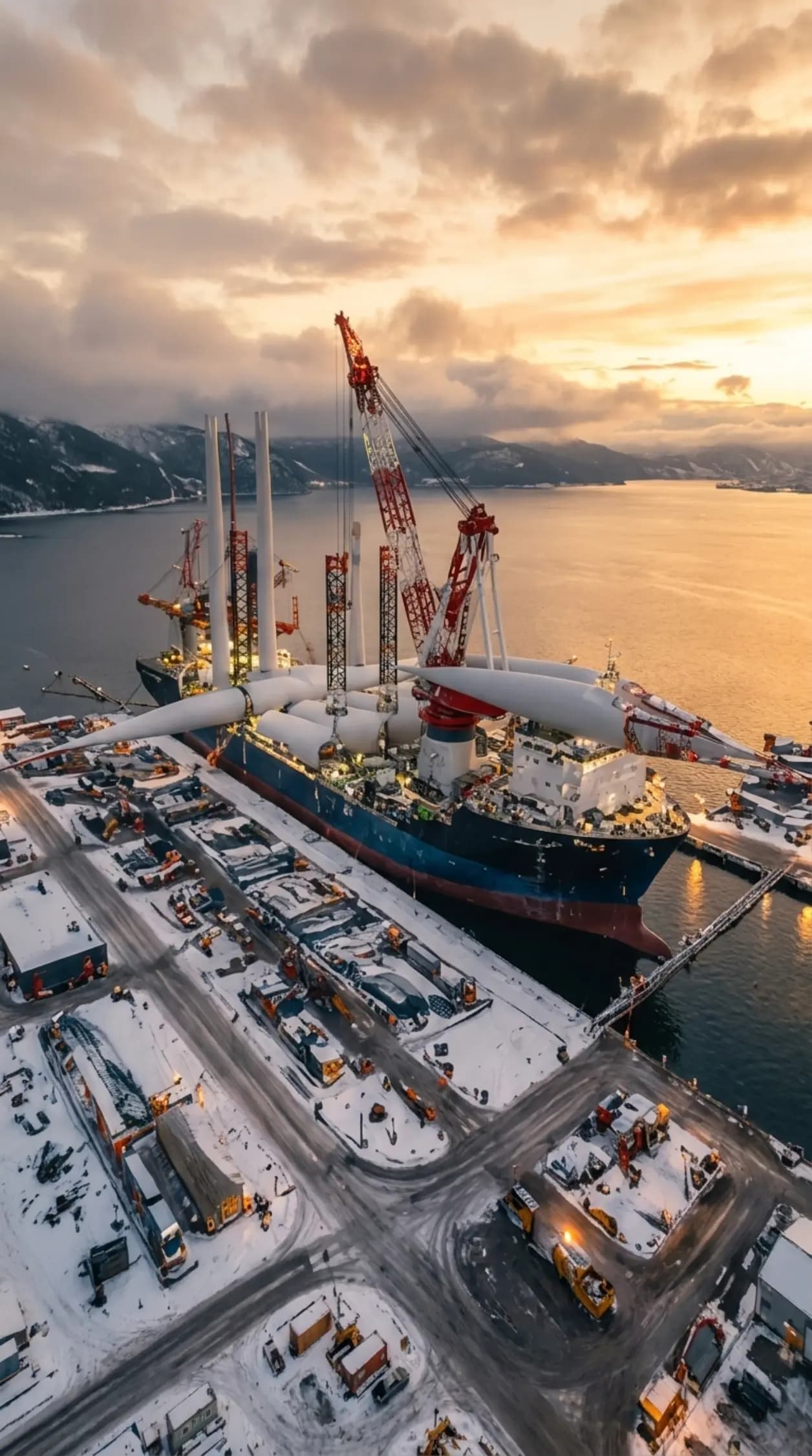 Heavy crawler cranes loading offshore wind sections at a port terminal