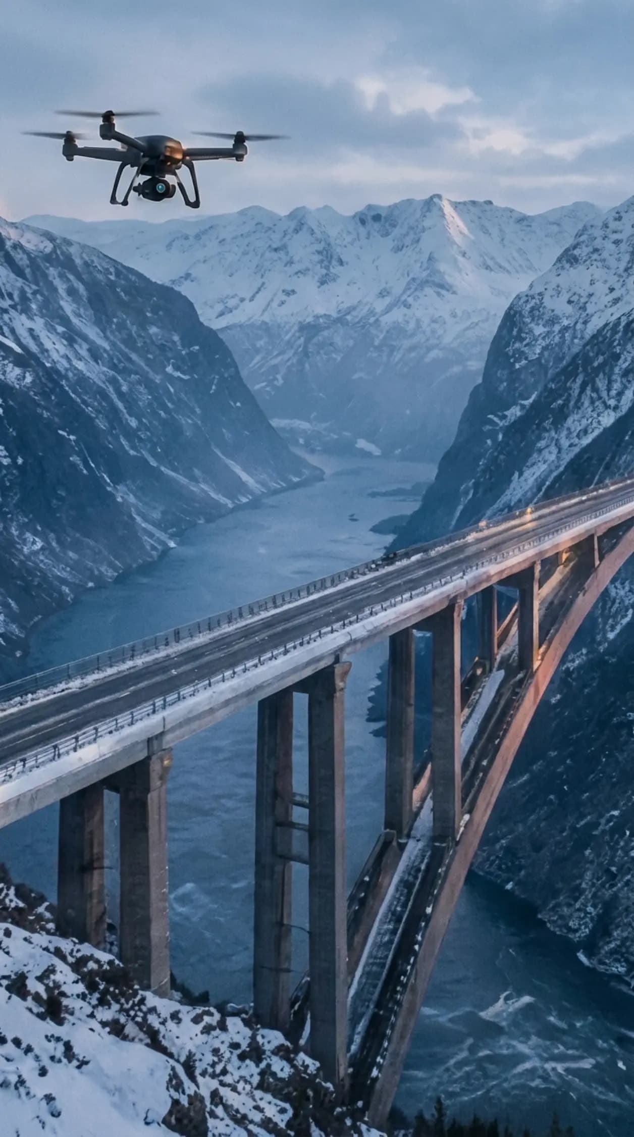 Drone inspecting a highway bridge spanning a fjord