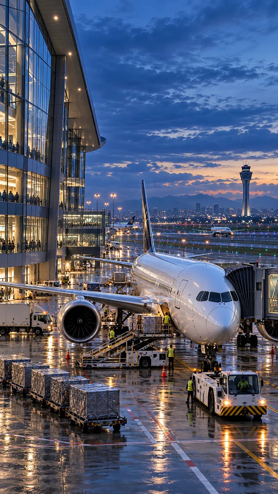 Wide-body aircraft on a wet stand during a blue-hour turnaround