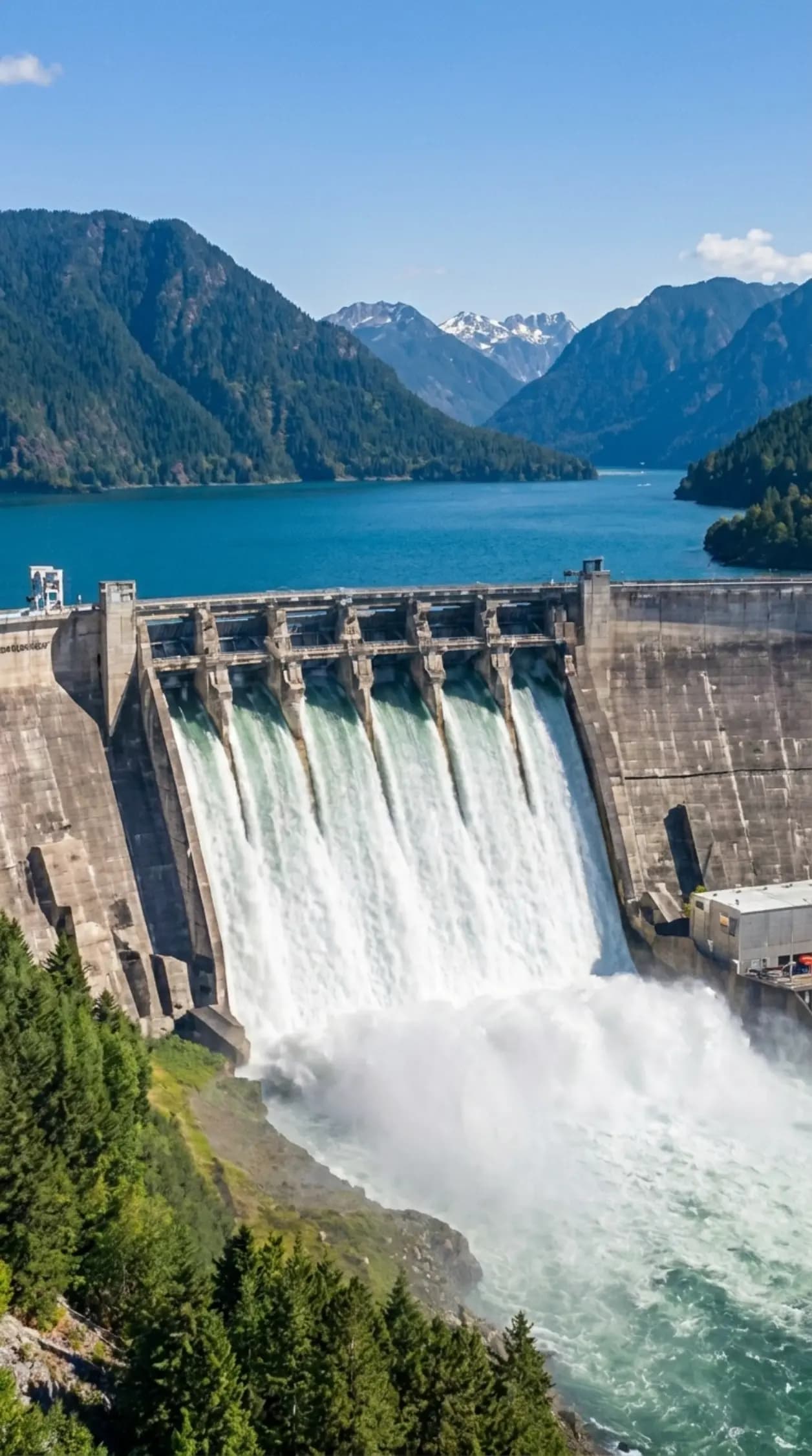 Hydroelectric dam discharging through open spillway gates