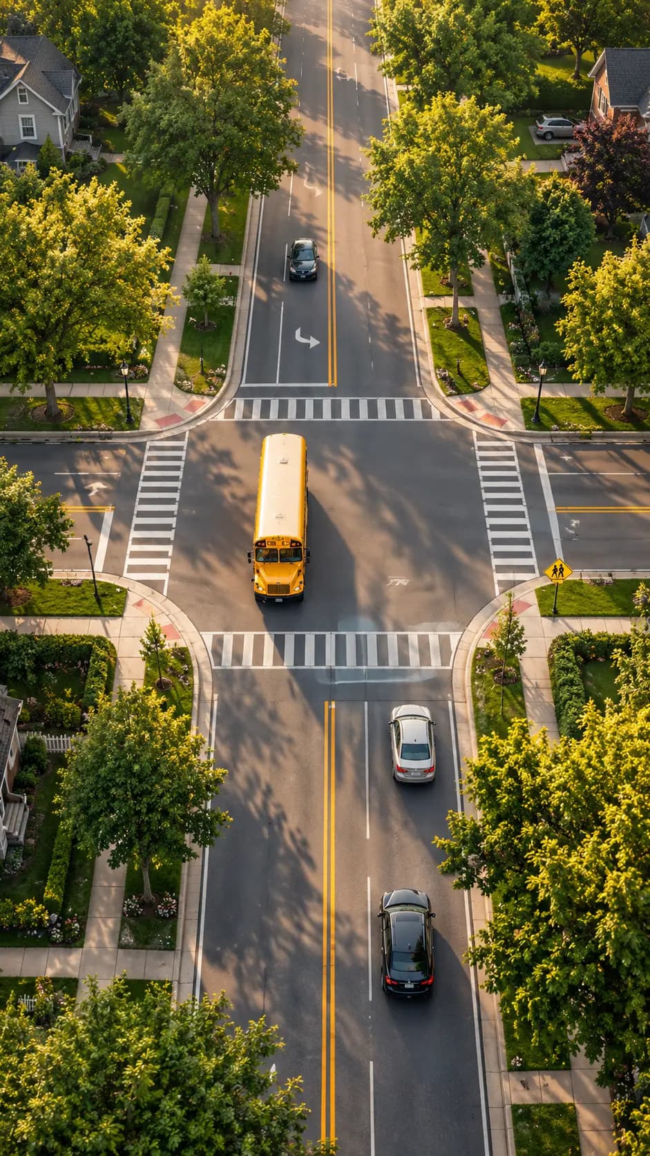 Overhead view of a school bus at a residential crossing