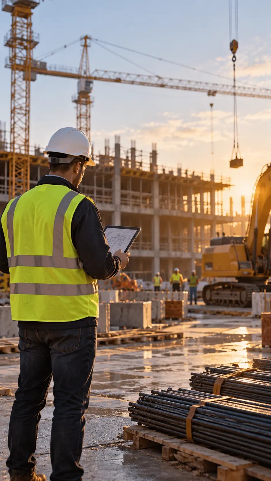 Site engineer reviewing a tablet in front of a concrete frame and tower cranes